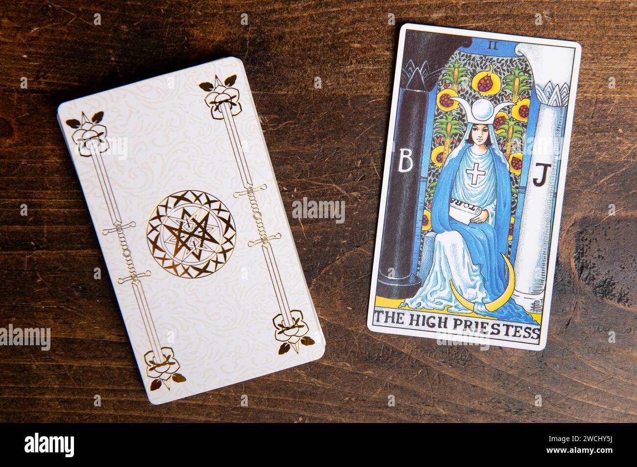 London UK 4 January 2024 The 2 Major Arcana The High Priestess   London Uk 4 January 2024 The 2 Major Arcana The High Priestess Tarot Card Of Rider Waite Deck On Wooden Background 2WCHY5J 