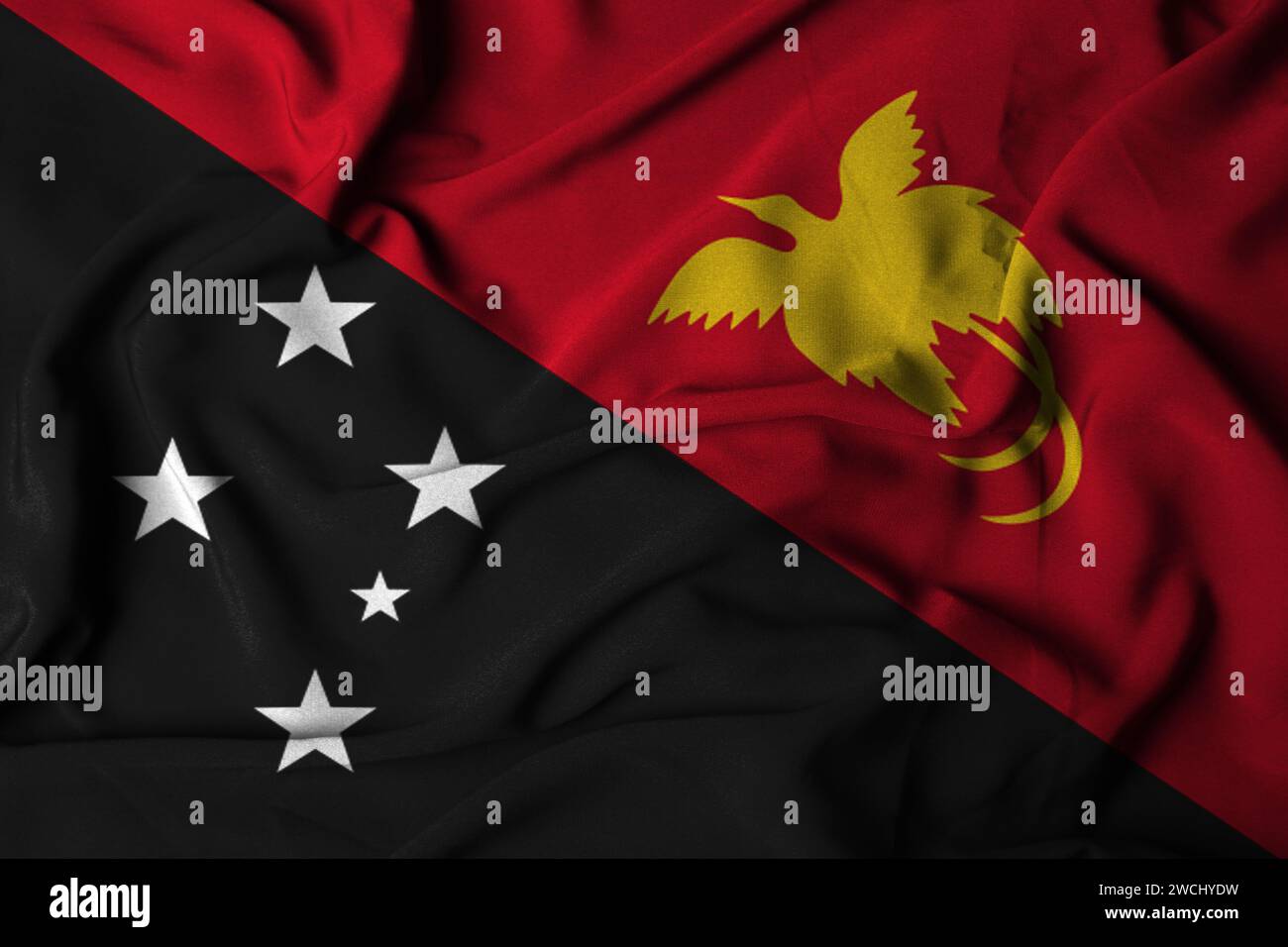 Selective focus of Papua New Guinea flag, with waving fabric texture. 3d illustrations Stock Photo