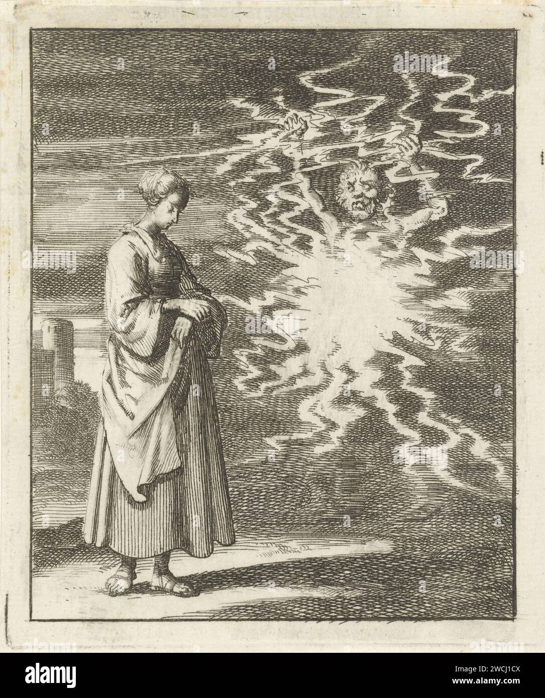 Woman walks quietly along the Satan -dressed Satan, Jan Luyken, 1687 print  Amsterdam paper etching / letterpress printing devil(s) and demons: Satan Stock Photo