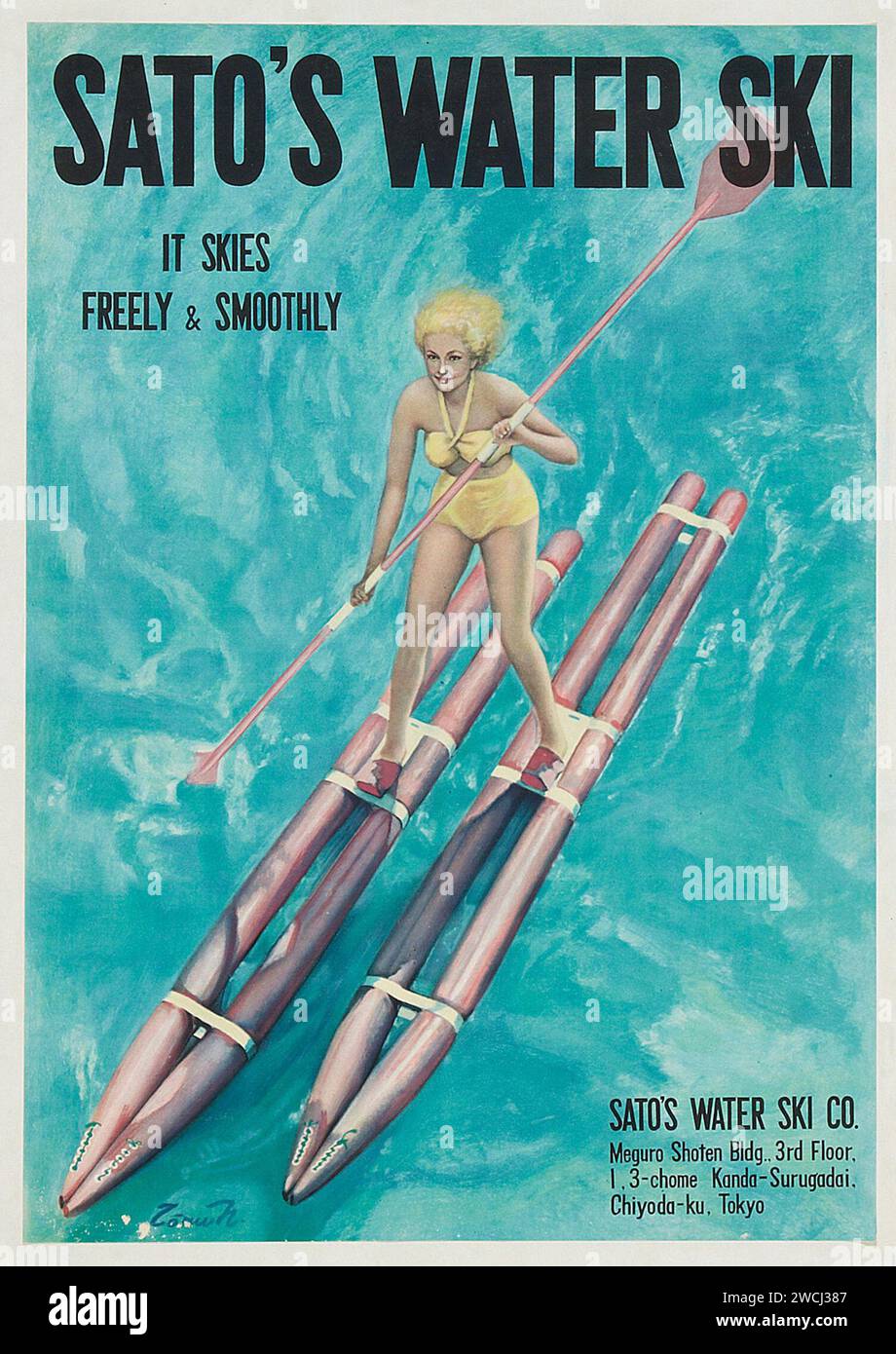 Sato's Water Ski Co. Tokyo, Advertising Poster (Unknown artist, 1950s). English Language Japanese Poster - woman on 1950s water skis Stock Photo