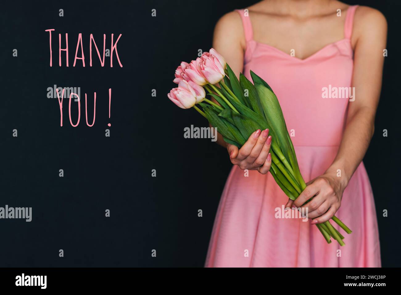 Greeting card with the inscription thank you. Bouquet of pink tulips in the hands of women giving Stock Photo