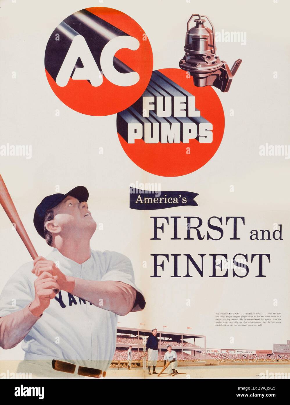 1951 AC Fuel Pump Advertising Poster Featuring baseball legend Babe Ruth - First and finest Stock Photo