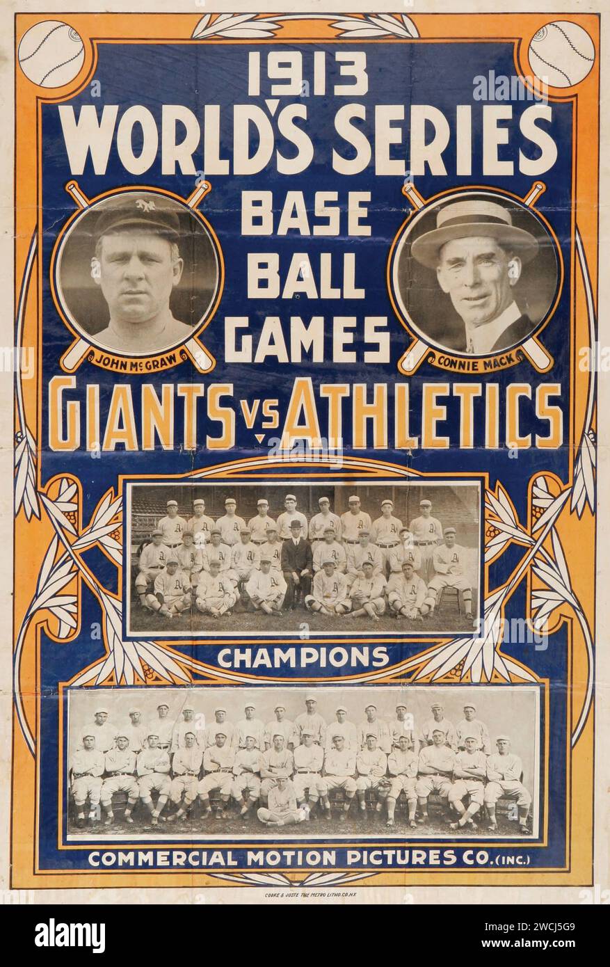 1913 Worlds Series Baseball Games, Giants vs Athletics - film poster - John McGraw and Connie Mack - Commercial Motion Pictures Co Stock Photo
