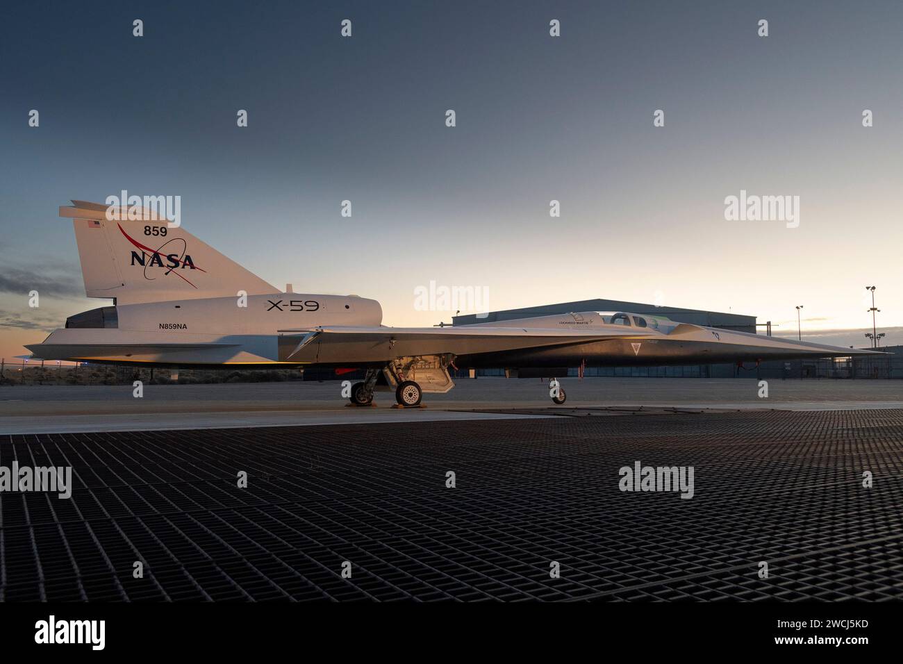 NASA's X-59 quiet supersonic research aircraft, pictured on December 12, 2023, sits on the apron outside Lockheed Martin's Skunk Works facility in Palmdale, California. NASA and Lockheed Martin formally debuted the one-of-a-kind experimental airplane on Friday, January 12, 2024. The X-59 is the centerpiece of NASA's Quesst mission, which seeks to address one of the primary challenges to supersonic flight over land by making sonic booms quieter. NASA Photo by Steve Freeman/UPI Stock Photo