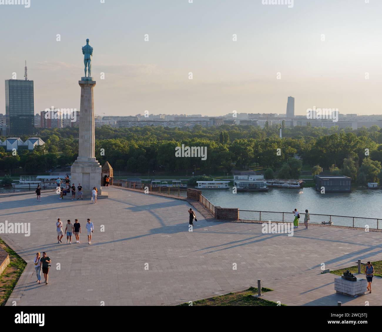 The Victor monument in Kalemegdan Park/Belgrade Fortress overlooking the Sava river on summers evening in Belgrade, capital of Serbia. August 4, 2023, Stock Photo