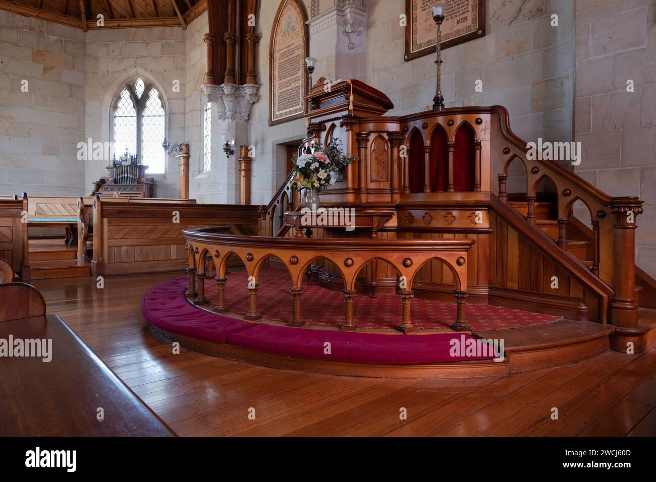 Interior of the Gothic style stone Uniting Church (The Methodist Church) in Ross, Australia Stock Photo