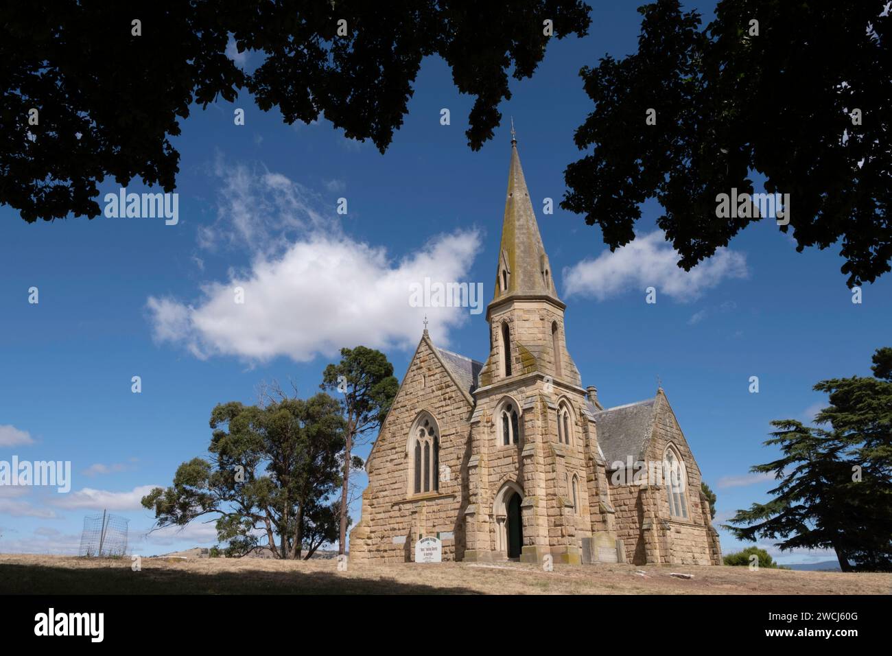 Gothic style stone Uniting Church (originally a Primitive Methodist Church) in Ross, Tasmania, Australia. Built about 1885 Stock Photo