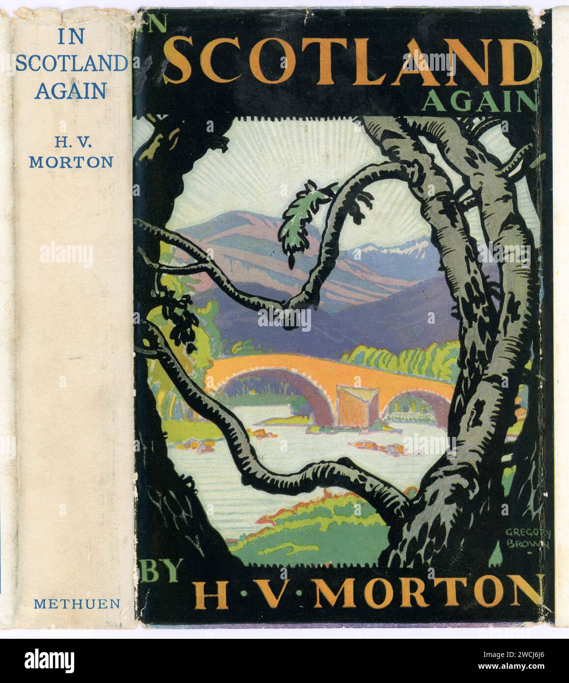 Original 1930's book jacket illustration, In Scotland Again by H. V. Morton. 11th Edition (first pub 26 Oct. 1933) illustrator is A.E. Taylor, U.K. Stock Photo