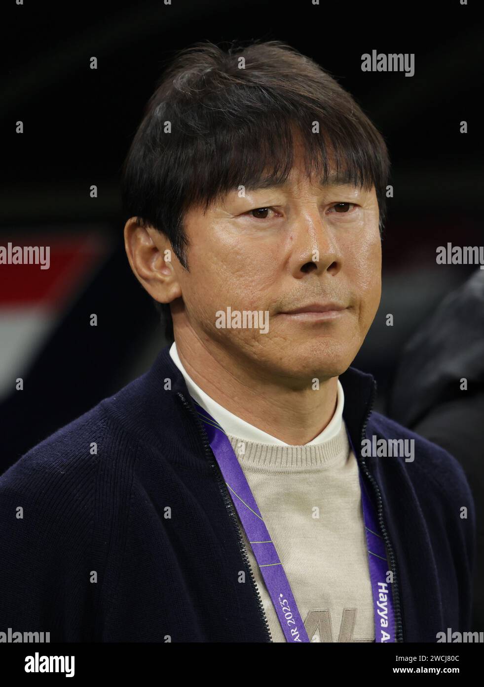 Qatar 15 January 2024 - Indonesia South Korean coach Shin Tae-Yong during the 2023 AFC Asia Cup match between Indonesia and Iraq at the Ahmad bin Ali Stadium in Al-Rayyan, west of Doha, Qatar on January 15, 2024 Stock Photo