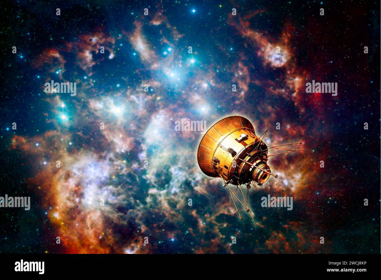 a man-made space probe near a galaxy, deep space exploration concept Stock Photo