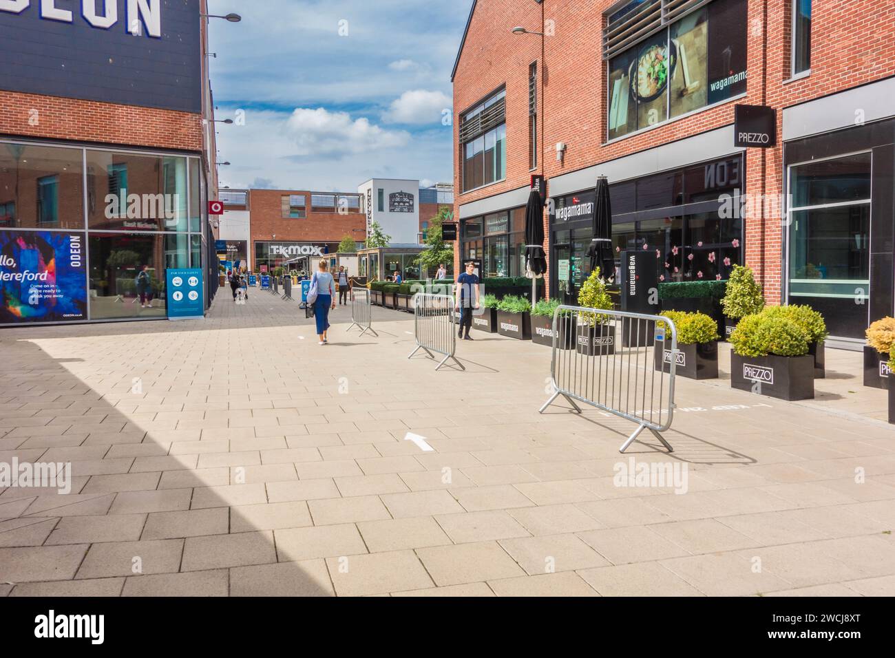 Social distancing measures put in place at the Old Market as Covid 19 restrictions are eased, Hereford UK June 2020 Stock Photo