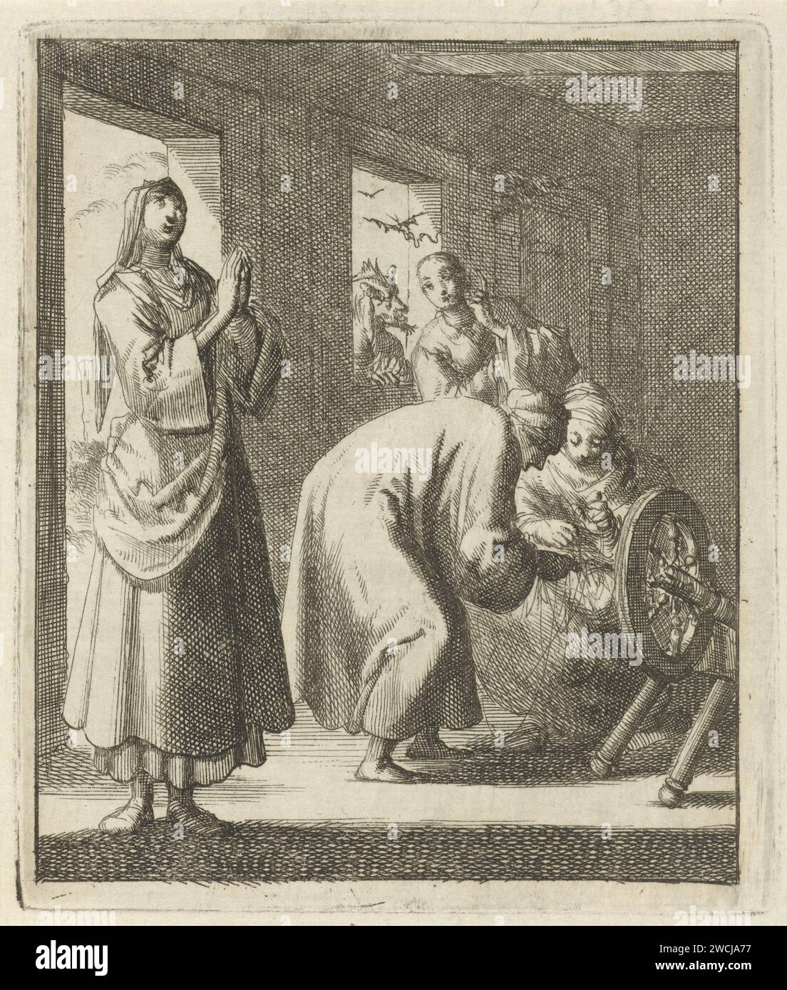 Women praying and spinning in an interior, by the window Satan whispers a fourth woman in the ear, Jan Luyken, 1687 print  Amsterdam paper etching / letterpress printing one person praying. spinning-wheel. devil(s) and demons: Satan Stock Photo
