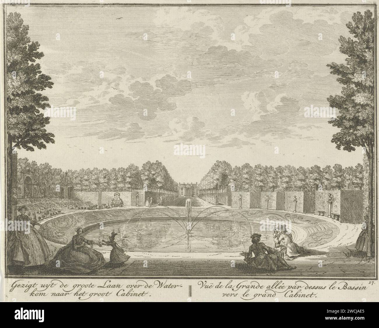 Bassin in the garden of Huis ter Meer in Maarssen, Hendrik de Leth, c. 1740 print View of a large basin in the French garden of Huis ter Meer. In the foreground some figures that are relaxed on the edge of the basin. The print is part of a series with 26 faces at Huis ter Meer and the accompanying estate in Maarssen.  paper etching country-house. French or architectonic garden; formal garden. garden fountain House Ter Meer Stock Photo