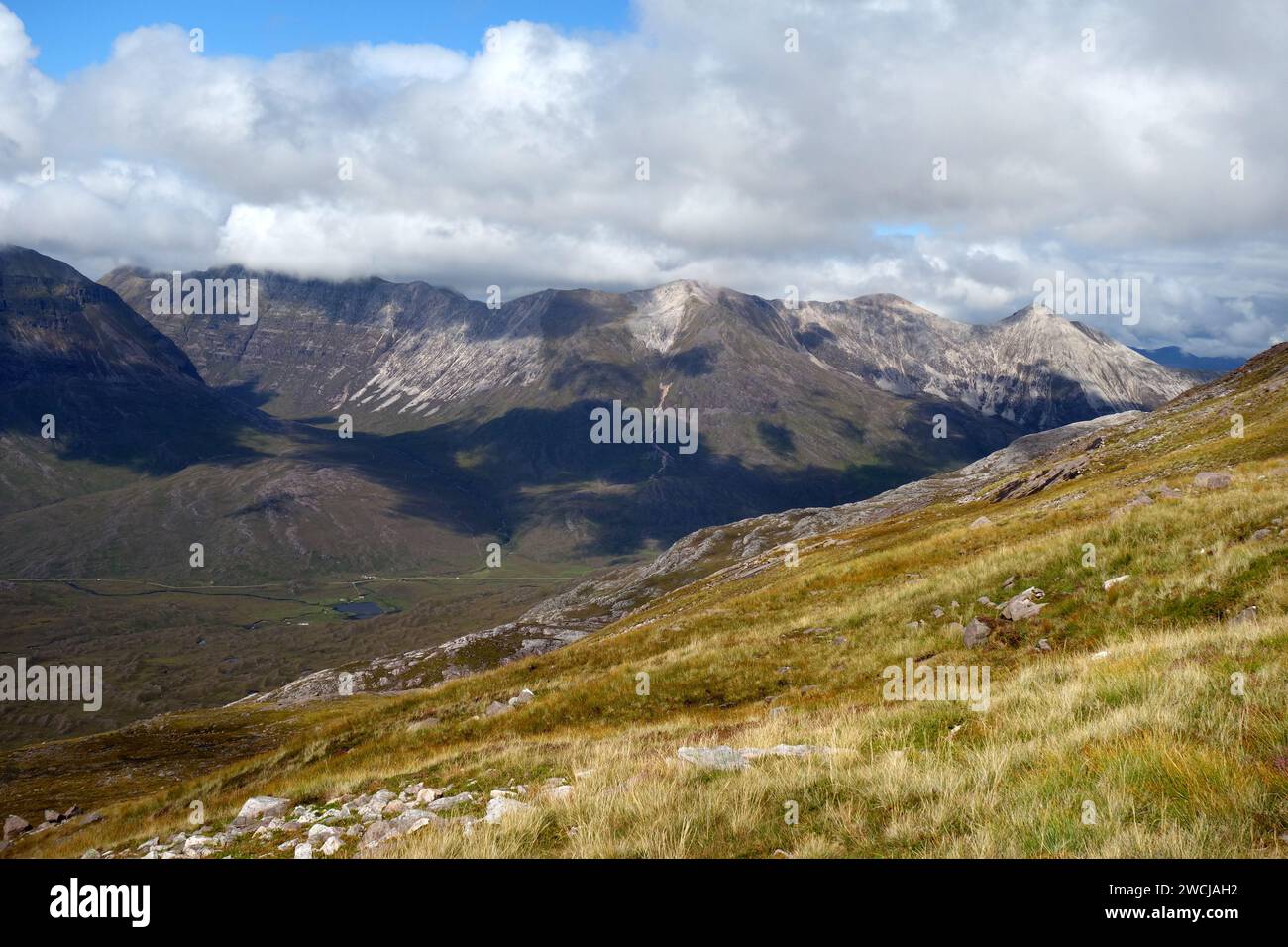 The Munro Mountain Range 'Beinn Eighe' from the Stalkers Path to the Corbett 'Sgorr nan Lochan Uaine' in Torridon, Scottish Highlands, Scotland, UK. Stock Photo