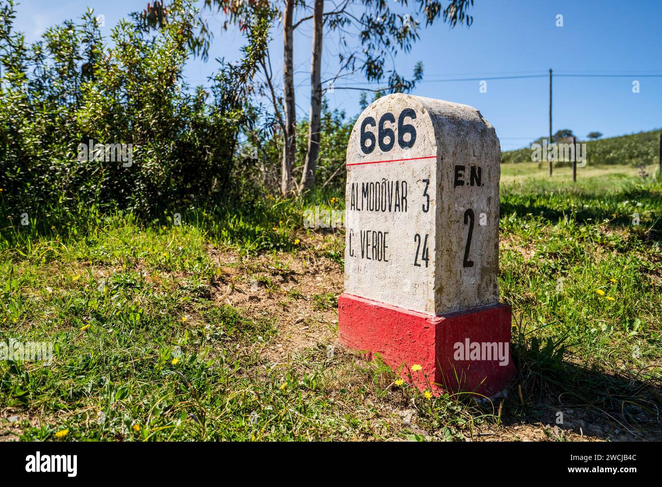 Road milestone indicating 666th kilometer on famous national road N2