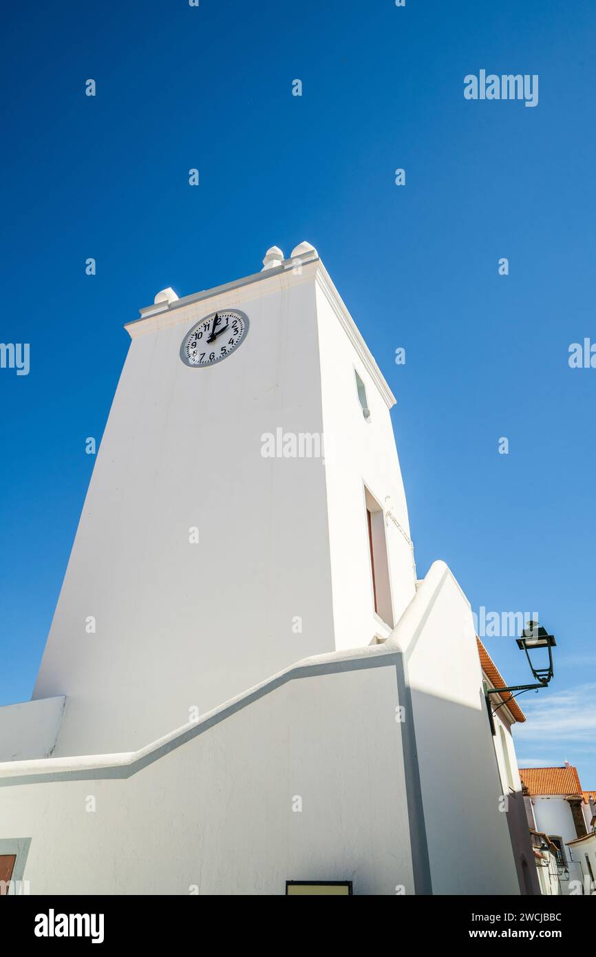 Historic clock tower in downtown of Almodovar, Alentejo, Portugal Stock Photo