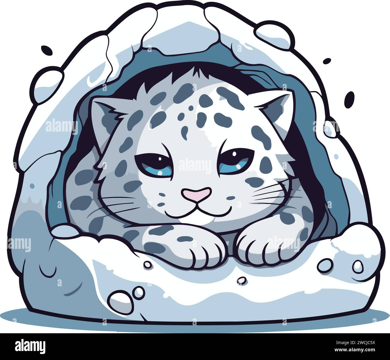 Cute cartoon snow leopard in a hole. Vector illustration Stock Vector