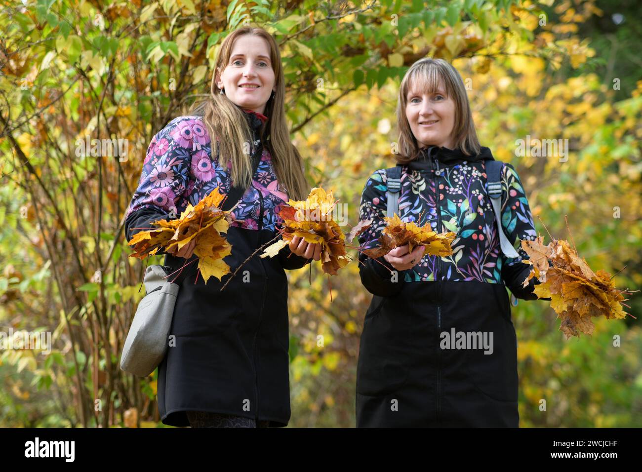 two smiling twin sisters throwing autumn leaves in the air Stock Photo ...