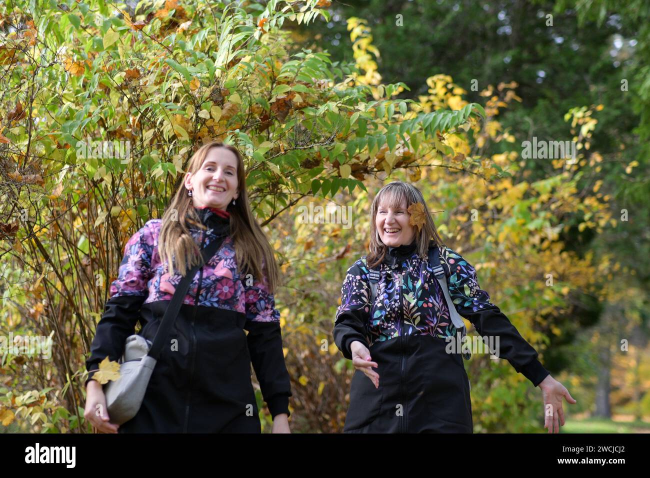two smiling twin sisters throwing autumn leaves in the air Stock Photo ...