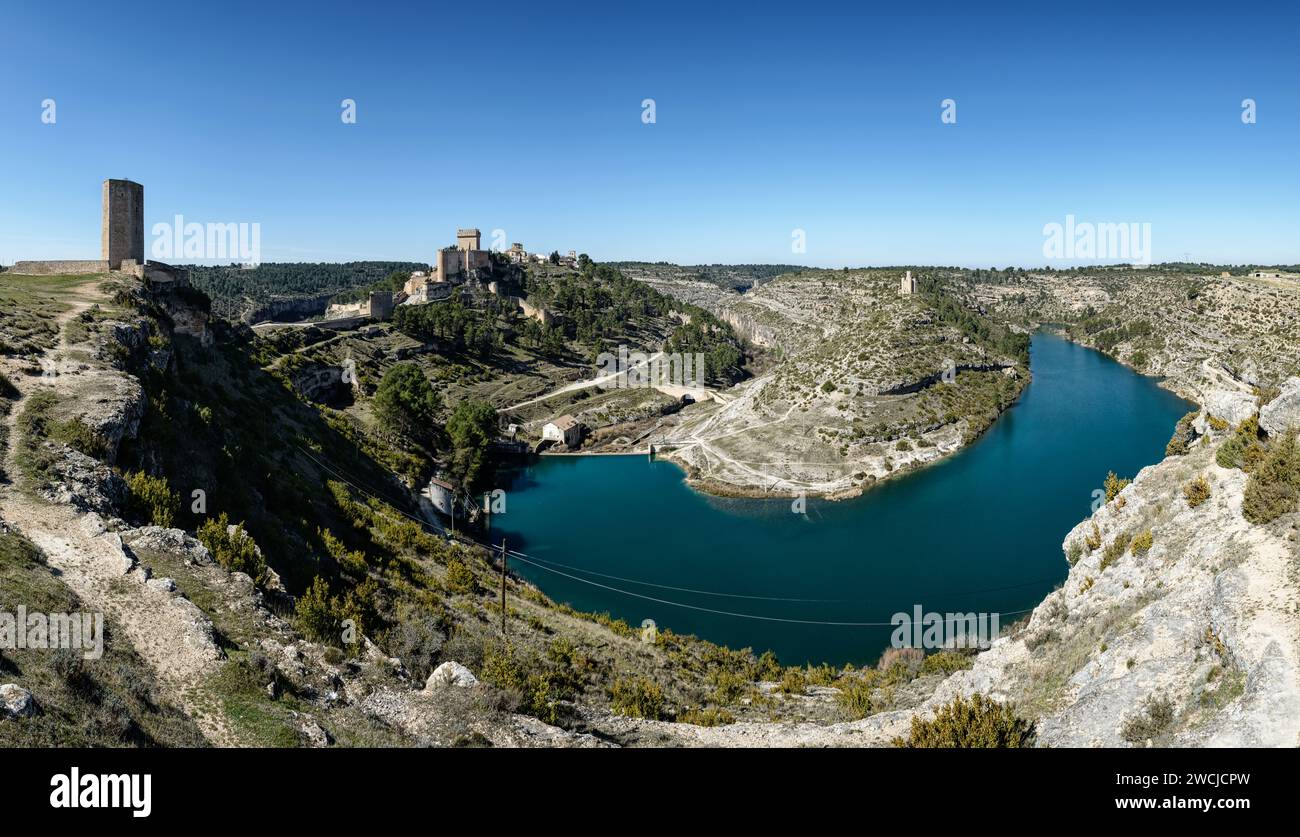 Panoramic view of the medieval town of Alarcon with its castle and the Parador Nacional on the top of the mountain, Cuenca, Spain. Stock Photo