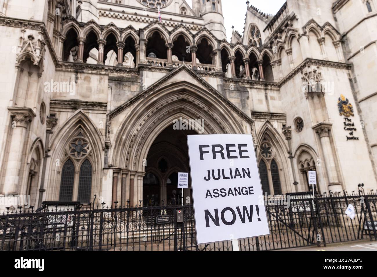 London, UK. 13th January, 2024. Placards referring to Wikileaks founder