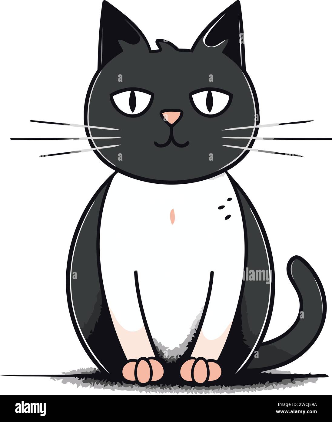 Cute cartoon black and white cat sitting on white background. Vector ...