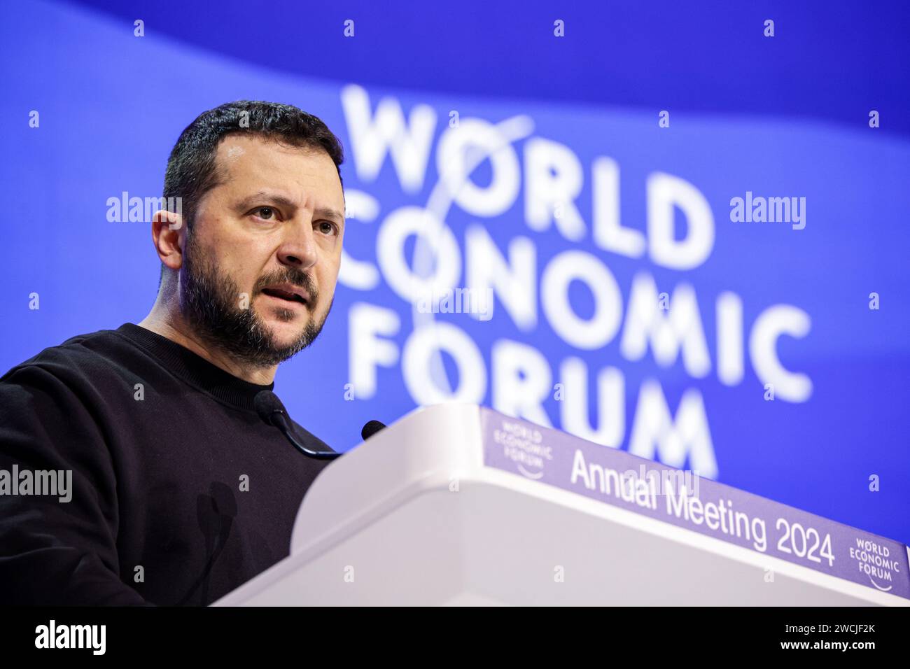 Davos, Switzerland. 16th Jan, 2024. Ukrainian President Volodymyr Zelensky gives a speech at the World Economic Forum. The annual meeting of the World Economic Forum is regarded as one of the most important meeting places for top politicians, top managers and scientists. Credit: Hannes P. Albert/dpa/Alamy Live News Stock Photo