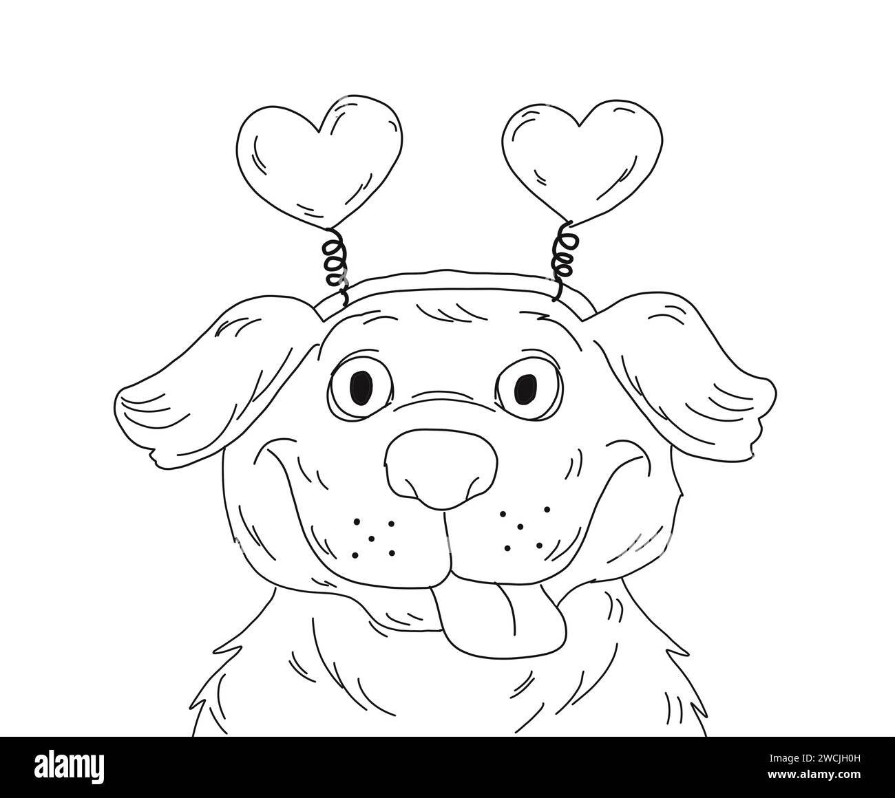 Cute dog wearing heart shape headband, tongue out. Valentine's holiday celebration. Black and white cartoon drawing for coloring book page. Stock Photo