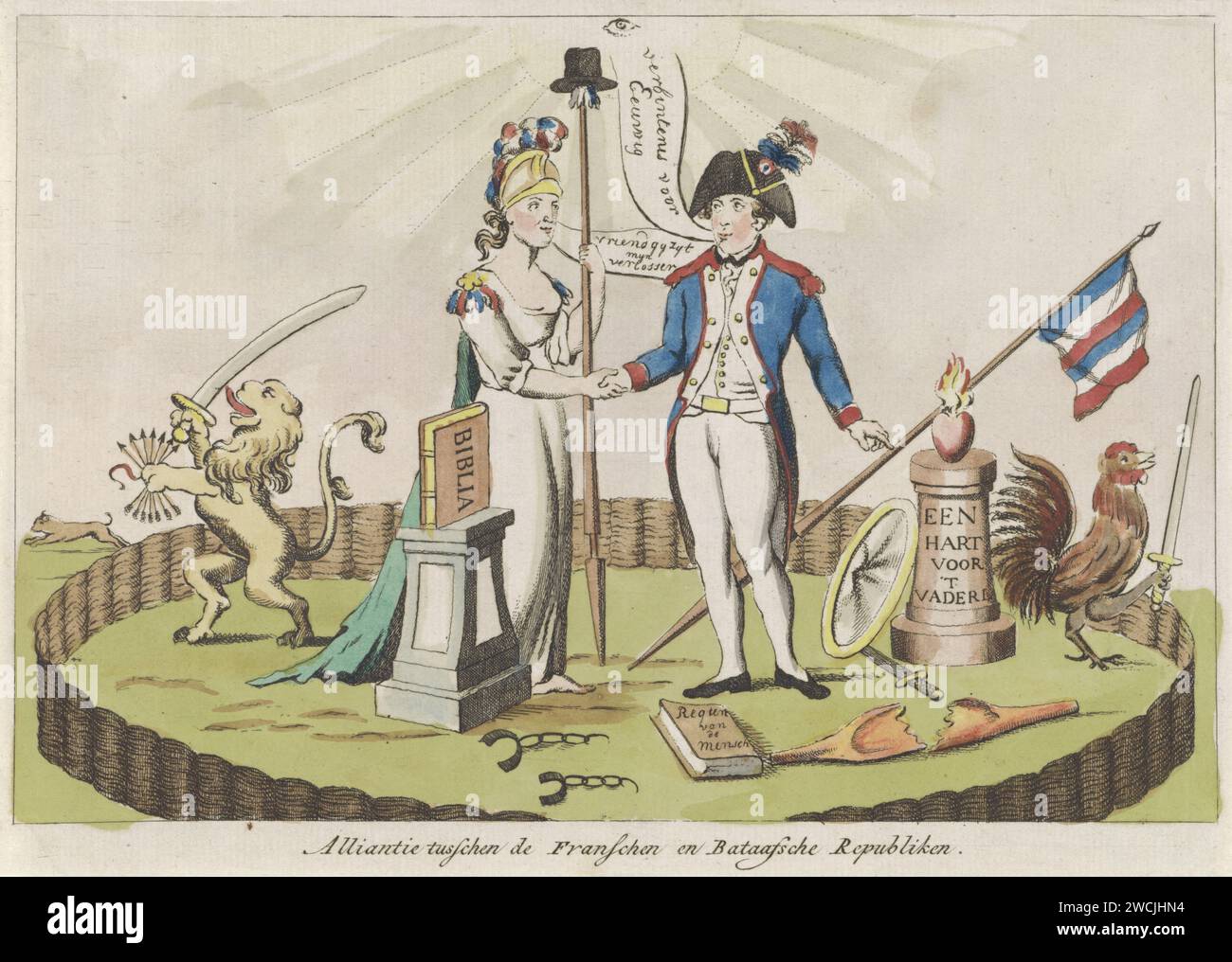 Alliance with France, 1795, Anonymous, 1795 print Allegory on the Alliance closed between the Batavian Republic and the French Republic, 16 May 1795. The Dutch Virgin with freedom lance and a French soldier in the Dutch garden, defended by the Dutch Lion and the French Haan. Netherlands paper etching Freedom, Liberty; 'LibertÃ ' (Ripa) (+ abstract concept represented by female figure). fenced or walled garden; 'Hortus Conclusus'. alliance, league, union, foedus Stock Photo