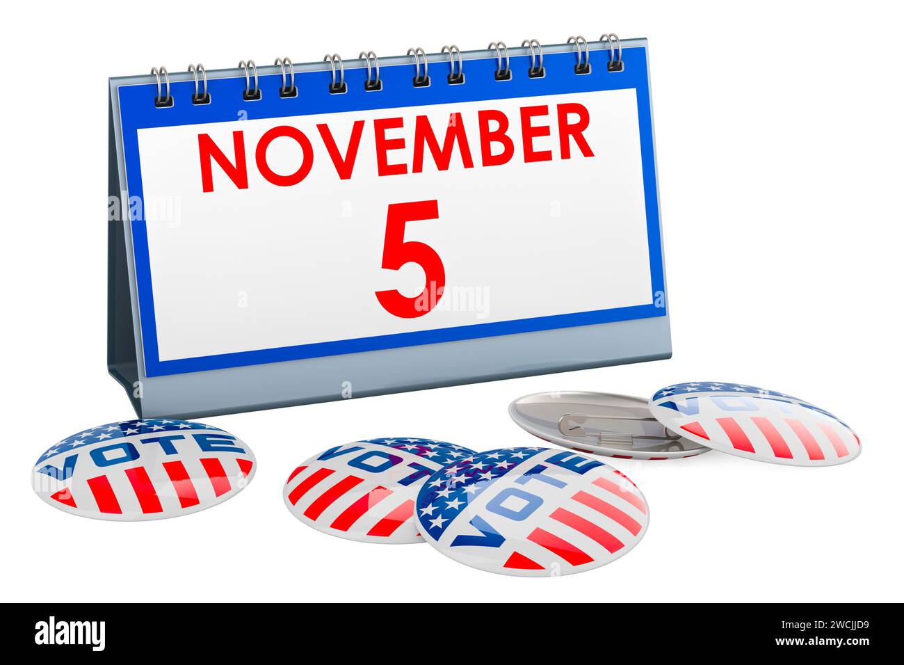 Election in the USA 2024 voter badges with desk calendar. 3D rendering