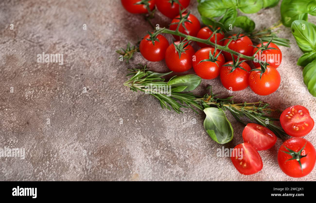 food background with cherry tomatoes and fresh basil Stock Photo - Alamy