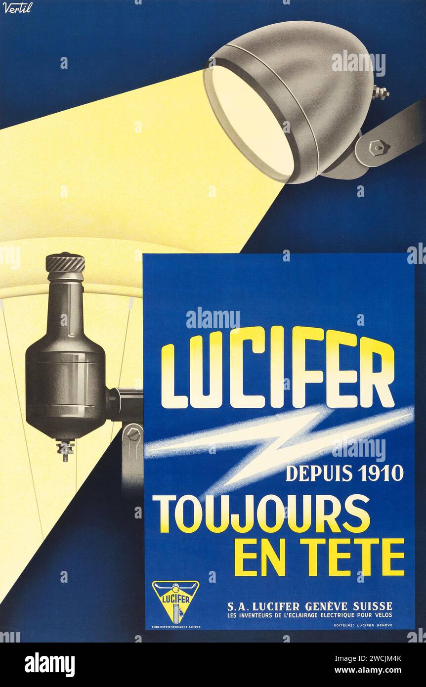 Lucifer Bicycle Lamps (c 1930s) Swiss Advertising Poster - Vertil Artwork - old advertisement Stock Photo