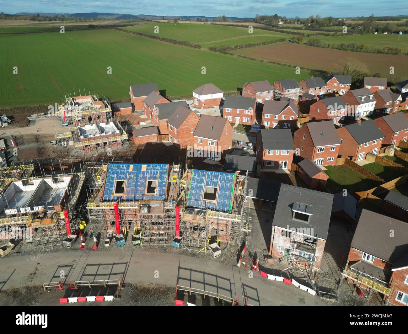 Aerial drone view of new build housing construction site by Bloor Homes at Hereford UK taken