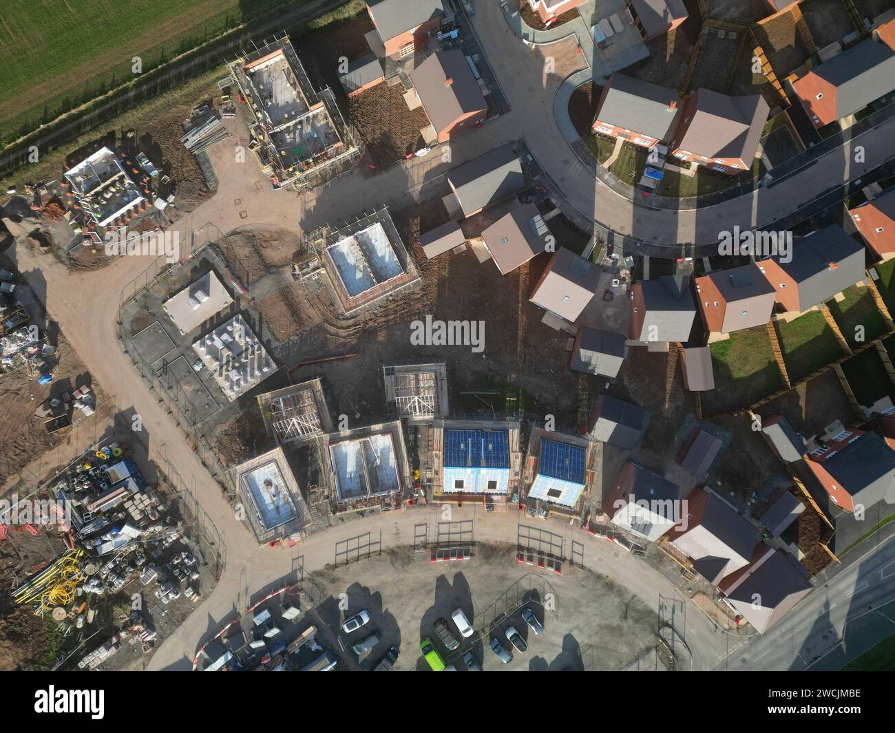 Aerial drone view of new build housing construction site by Bloor Homes at Hereford UK taken