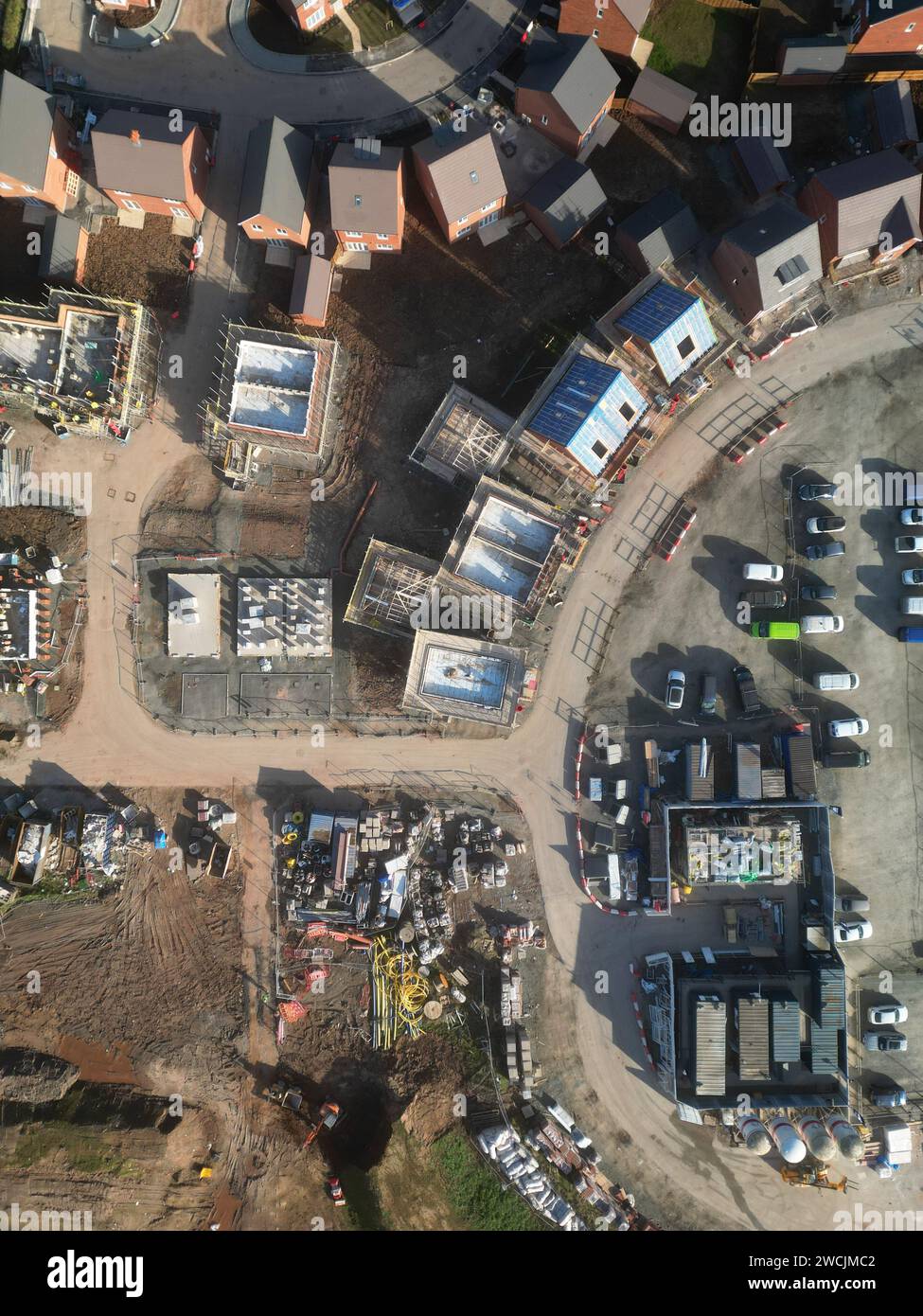 Aerial drone view of new build housing construction site by Bloor Homes at Hereford UK taken