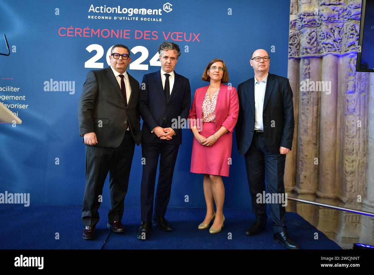 Paris, France. 16th Jan, 2024. French Minister for Ecological Transition and Territories' Cohesion Christophe Bechu (2L) poses next to President of Action Logement, Bruno Arcadipane (L), General Manager of Action Logement Nadia Bouyer (2R), and Vice-President of Action Logement, Philippe Lengrand during the Minister's participation in Action Logement's New Year's ceremony to salute the commitment of the group's teams at the Cite de l'Architecture et du Patrimoine in Paris, on January 16, 2024. Photo by Firas Abdullah/ABACAPRESS.COM Credit: Abaca Press/Alamy Live News Stock Photo