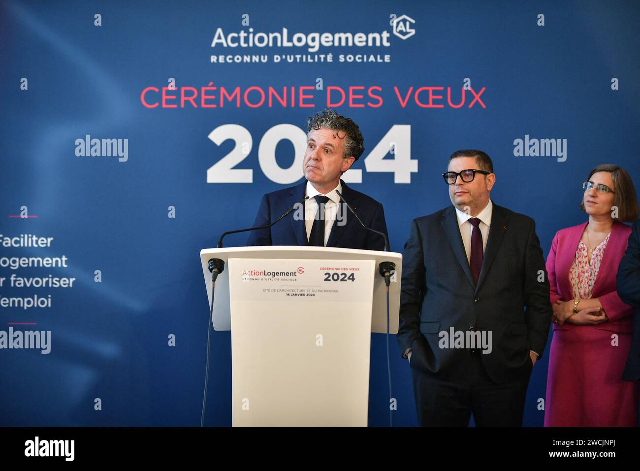 Paris, France. 16th Jan, 2024. French Minister for Ecological Transition and Territories' Cohesion Christophe Bechu speaks next to President of Action Logement, Bruno Arcadipane (2L), and General Manager of Action Logement Nadia Bouyer during the Minister's participation in Action Logement's New Year's ceremony to salute the commitment of the group's teams at the Cite de l'Architecture et du Patrimoine in Paris, on January 16, 2024. Photo by Firas Abdullah/ABACAPRESS.COM Credit: Abaca Press/Alamy Live News Stock Photo