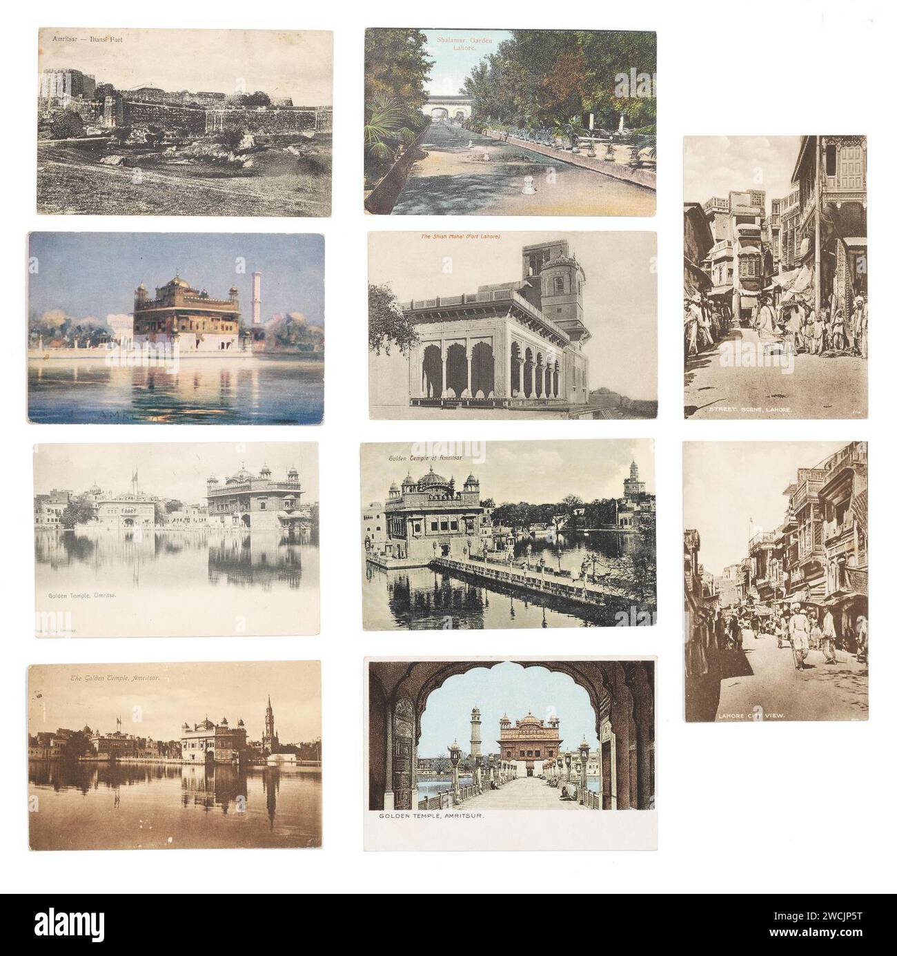 A collection of postcards of Amritsar and Lahore. Europe, circa 1910. Comprising five of the Golden Temple, Amritsar; the Ihansi Fort, Amritsar, the Shish Mahal, Lahore; Shalamar Garden, Lahore; and two Lahore street views. Stock Photo