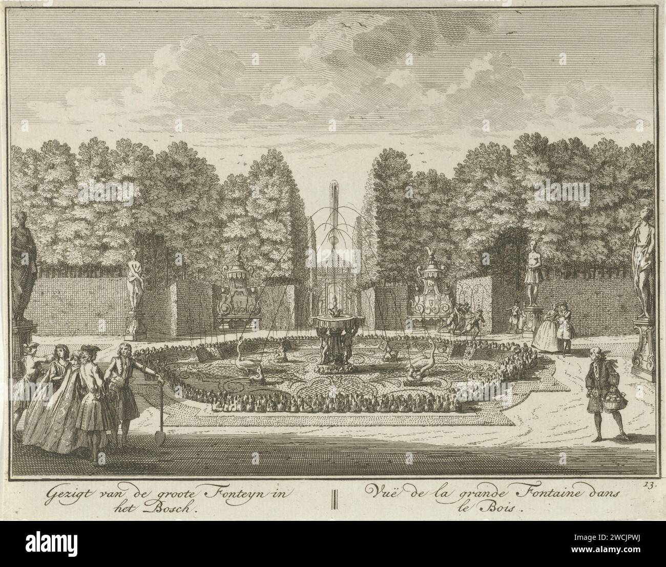 Large fountain in the garden of Huis ter Meer in Maarssen, Hendrik de Leth, c. 1740 print View of the large fountain in the French garden of Huis ter Meer, there are figures all around. The print is part of a series with 26 faces at Huis ter Meer and the accompanying estate in Maarssen.  paper etching country-house. French or architectonic garden; formal garden. garden fountain House Ter Meer Stock Photo