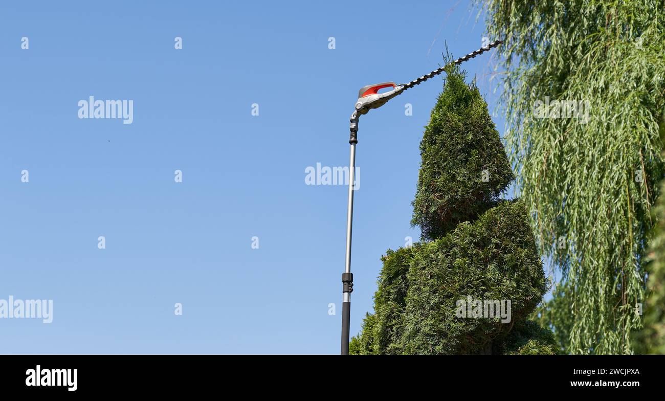 Modern electric hedge trimmer with high rod for cutting top of conifer