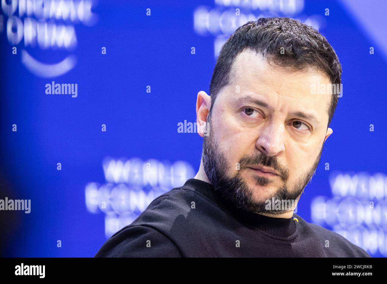 Davos, Switzerland. 16th Jan, 2024. Ukrainian President Volodymyr Zelensky takes part in an