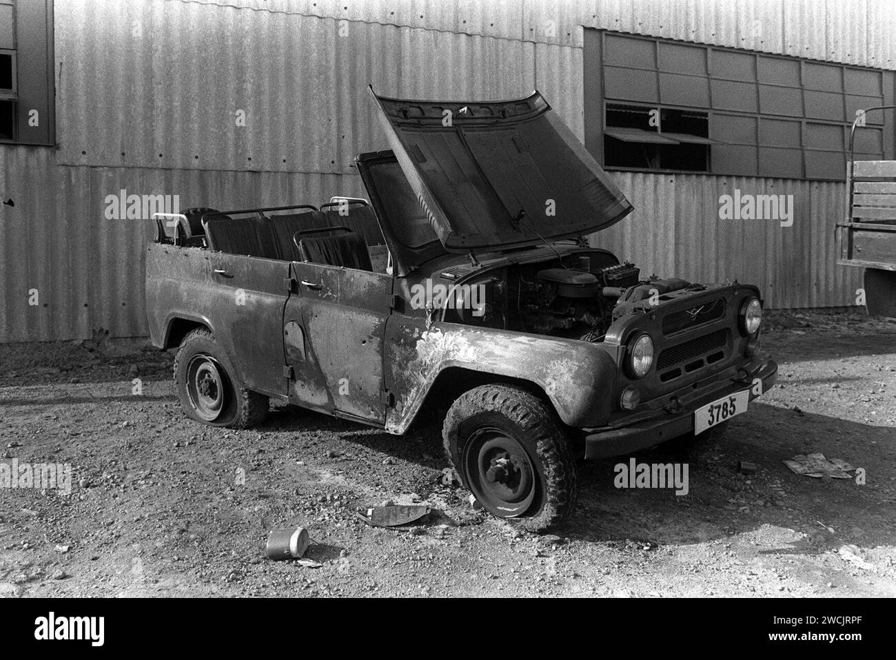 A disabled Soviet UAZ-469B light truck inside the People's Revolutionary Army headquarters compound, after it was captured by US military personnel during Operation URGENT FURY DN-SN-84-12048. Stock Photo