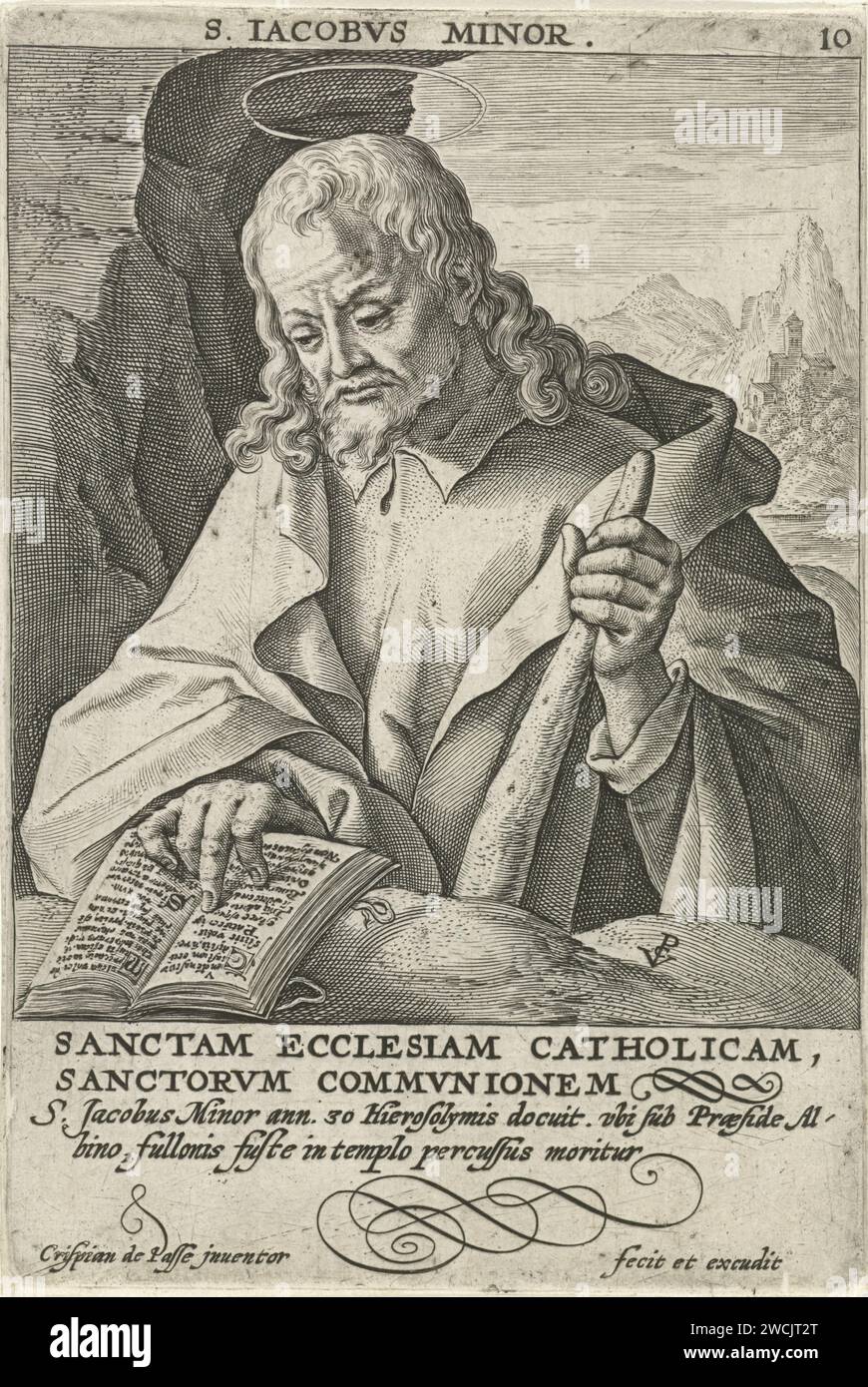Apostle Jacket the lesser, cris pain of the passes (i), 1594 print Bust of the Apostle Jakobus De Lessere, an open book for him and with his left hand based on a bat. In the margin a caption in Latin. Print from a series with Christ and the apostles. Cologne paper engraving the apostle James the Less, first bishop of Jerusalem; possible attributes: book, fuller's club, scroll Stock Photo