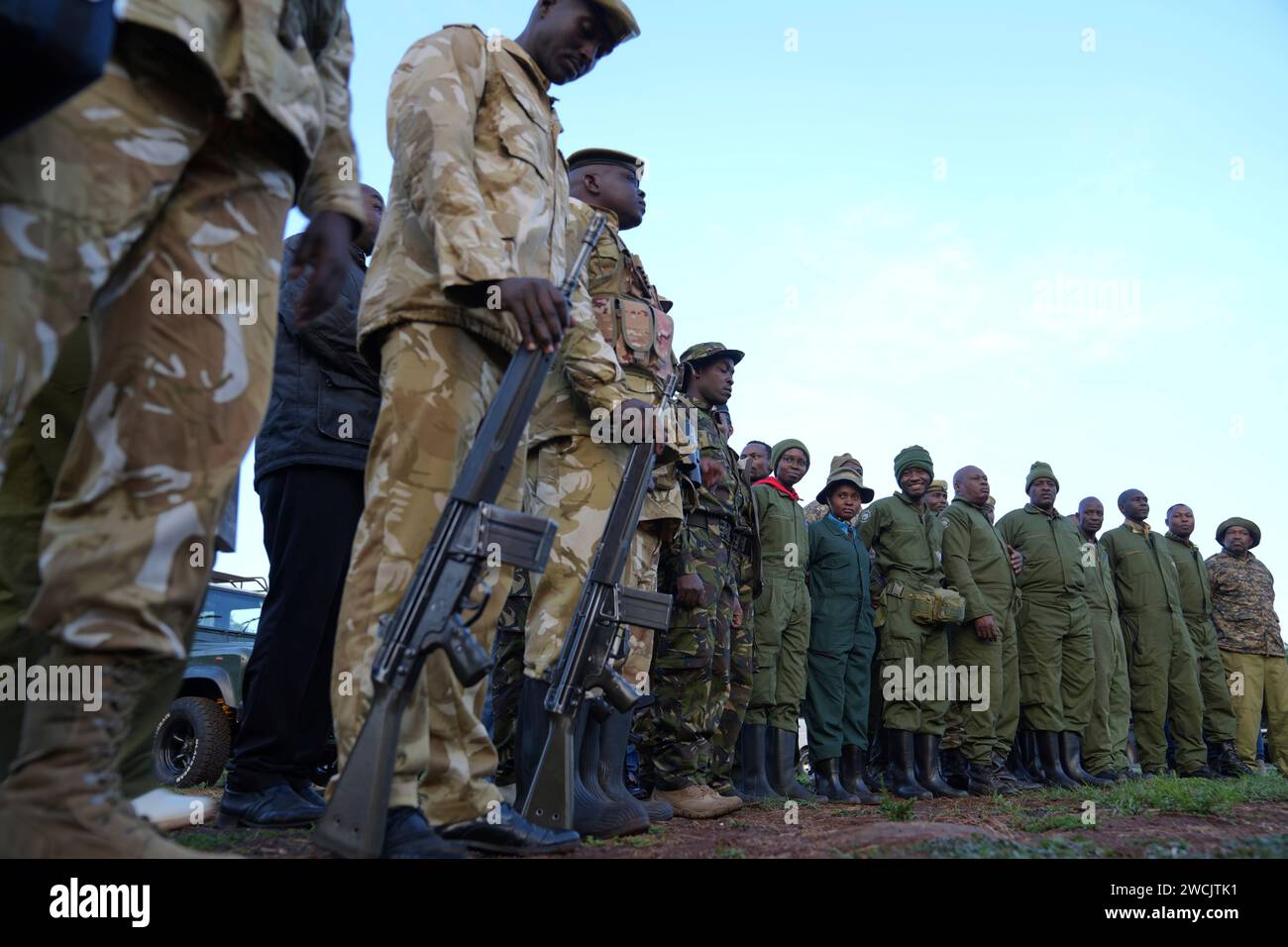 Kenya Wildlife Service rangers hold a brief before injecting drugs to ...