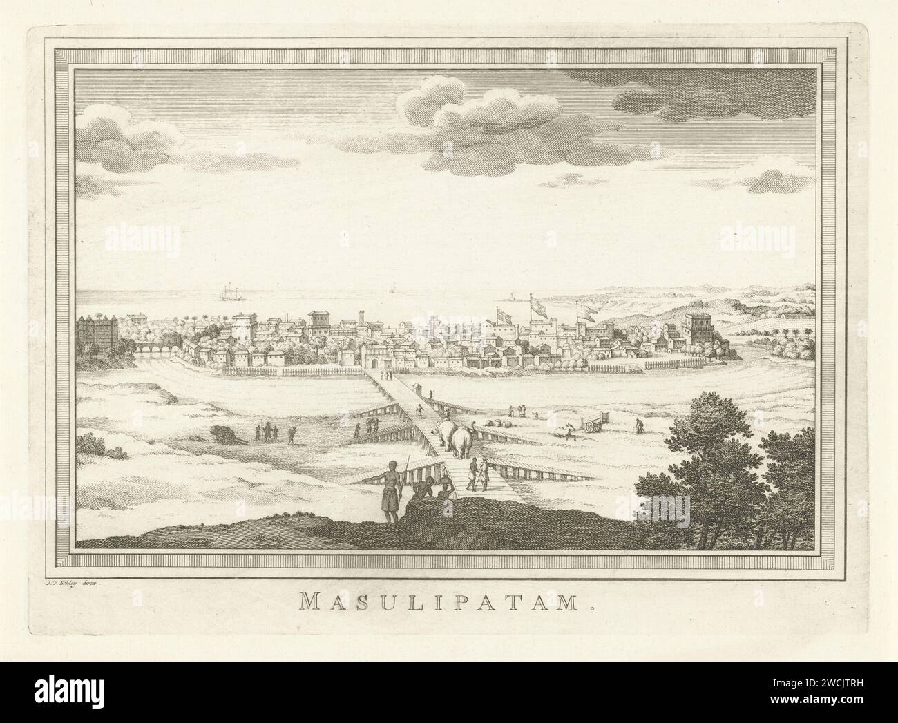 Goney to Machiliipatamnam (Masulipatatam), Jacob Van the Skley, 1725 - 1779 print View of the city of Machilipatnam (Masulipatnam) on the Koromandelkast in India. Two elephants run on one of the connecting bridges over the river to the city. In the background the sea with a few boats. Amsterdam paper etching / engraving  Masipatnam Stock Photo