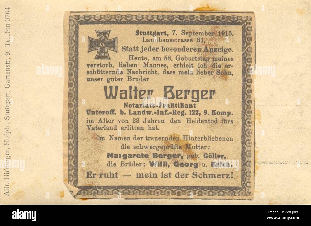 A Hirrlinger - Walter Berger (Württembergisches Landwehr-Infanterie-Regiment Nr. 122) (1915) R. Stock Photo