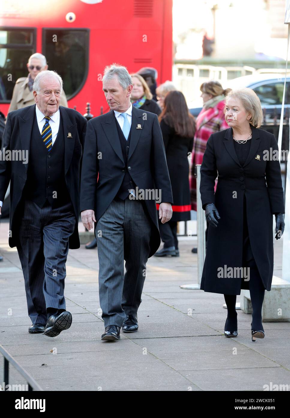 London, UK. 16th Jan, 2024. Image © Licensed to Parsons Media. 16/01/2024. London, United Kingdom. Service of Thanksgiving for Betty Boothroyd. Sir Roger Gale, Nigel Evans (centre) and Rosie Winterton - whp are all currently deputy speakers of the Commons attends a Service of Thanksgiving for the life and work of The Rt Hon the Baroness Boothroyd takes place in St Margaret's Church Westminster Abbey, London. Picture by Credit: andrew parsons/Alamy Live News Stock Photo