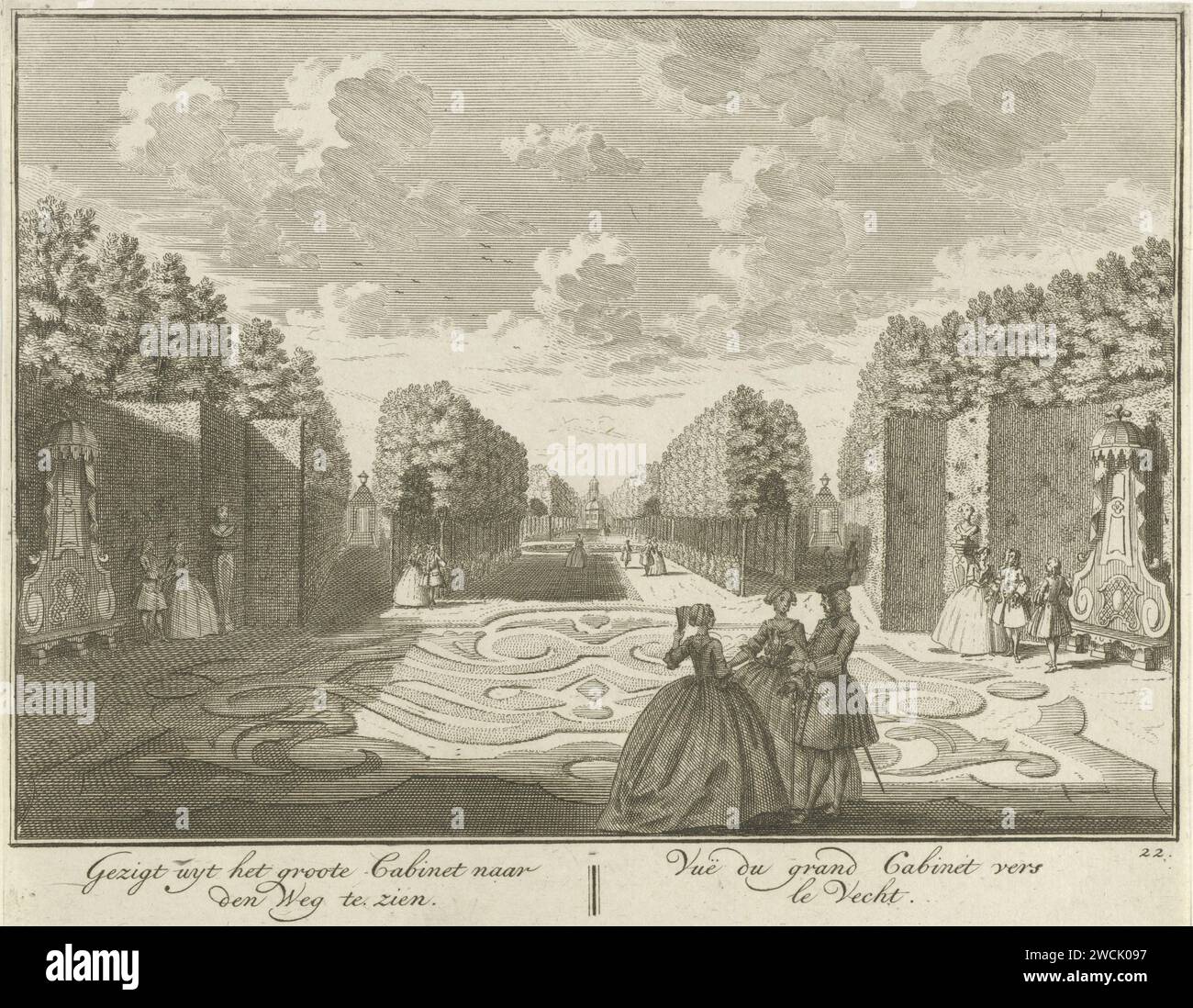 View from the cabinet on the garden of Huis ter Meer in Maarssen, Hendrik de Leth, c. 1740 print View from the cabinet on the French garden of Huis ter Meer. Spread through the garden are groups of figures. The print is part of a series with 26 faces at Huis ter Meer and the accompanying estate in Maarssen.  paper etching country-house. French or architectonic garden; formal garden House Ter Meer Stock Photo