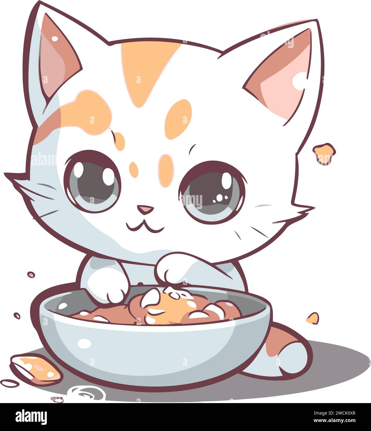 Cute cartoon cat eating food from a bowl. Vector illustration Stock ...