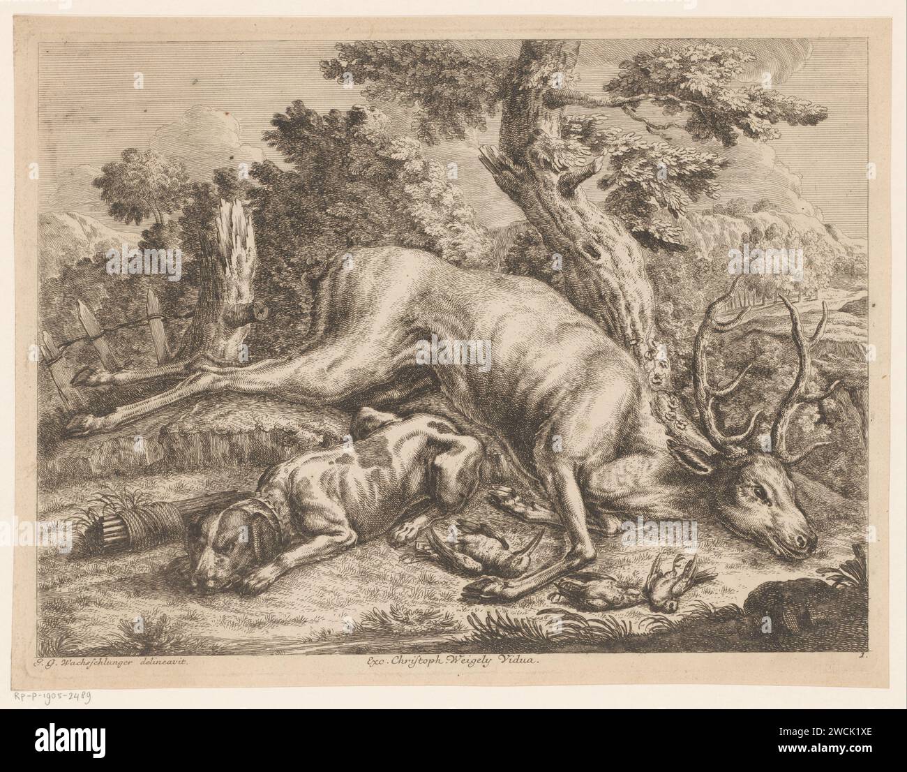 Hunting dog and hunting out with deer and birds, Johann Georg Wachsschlunger, 1725 - 1790 print Numbered below: 1. Neurenberg (possibly) paper etching spoils of the hunt, game, venison. hoofed animals: deer. hunting dogs Stock Photo